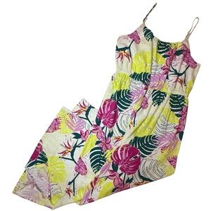 Nicole Miller Tropical Print Wide Leg Spaghetti Strap Linen Jumpsuit Large NWT